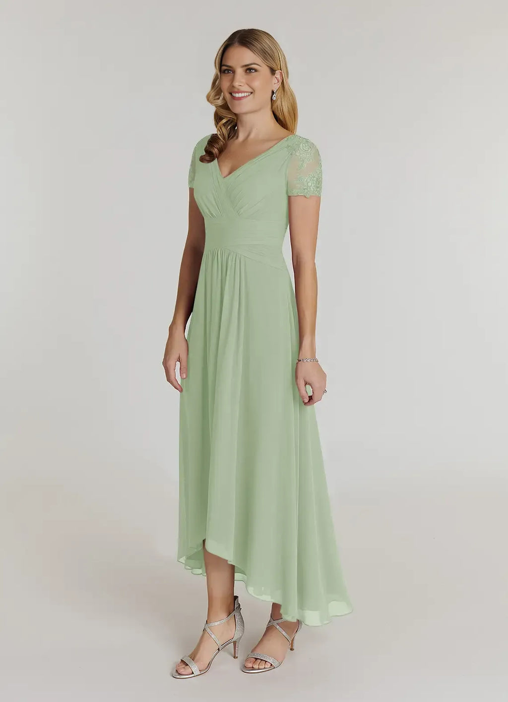 V-Neck Cap-Sleeve Lace-Back Back Zip High-Low Mother of the Bride Dress for women