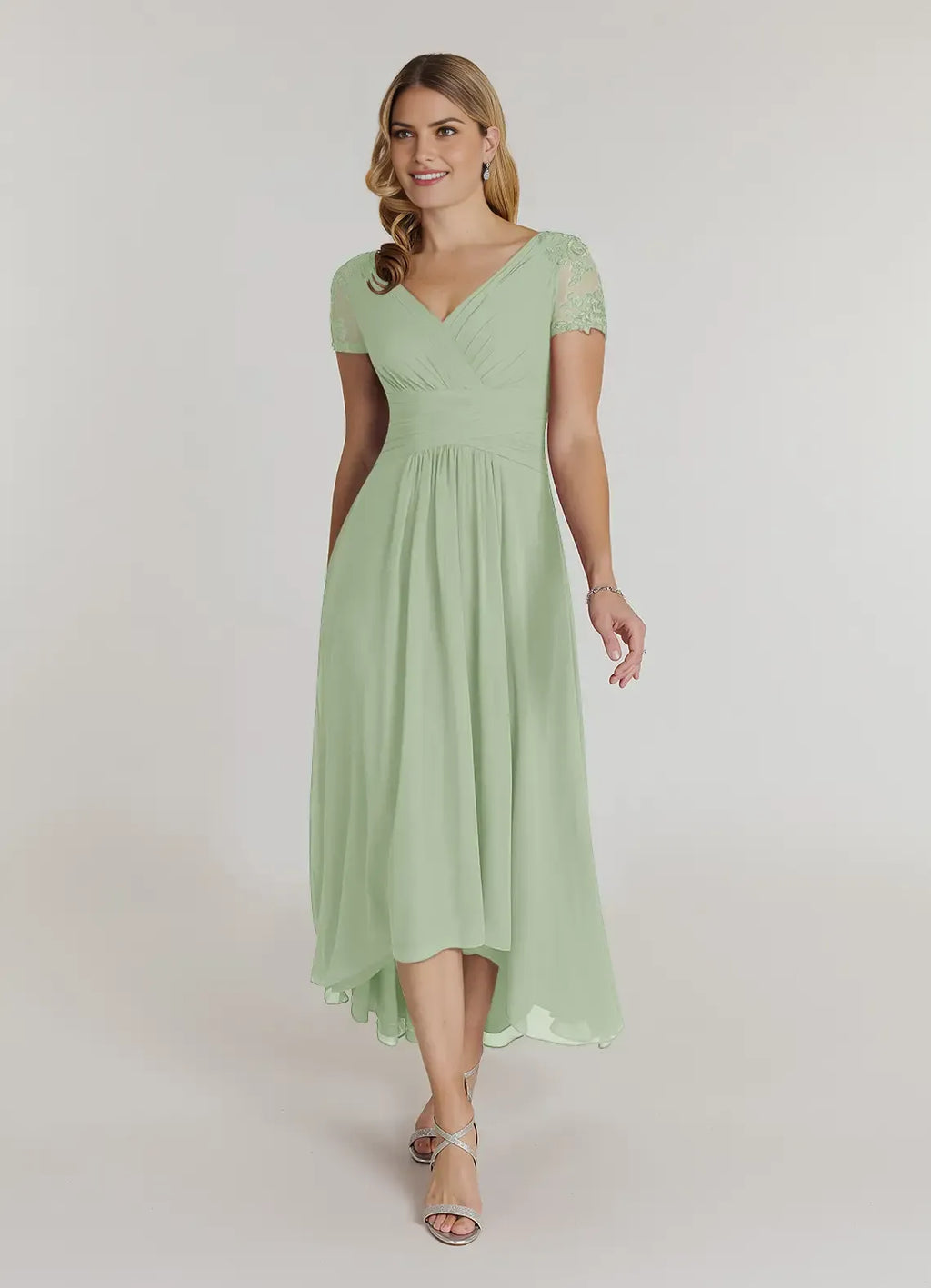 V-Neck Cap-Sleeve Lace-Back Back Zip High-Low Mother of the Bride Dress for women