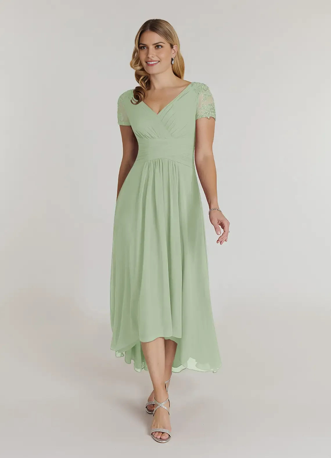 V-Neck Cap-Sleeve Lace-Back Back Zip High-Low Mother of the Bride Dress for women