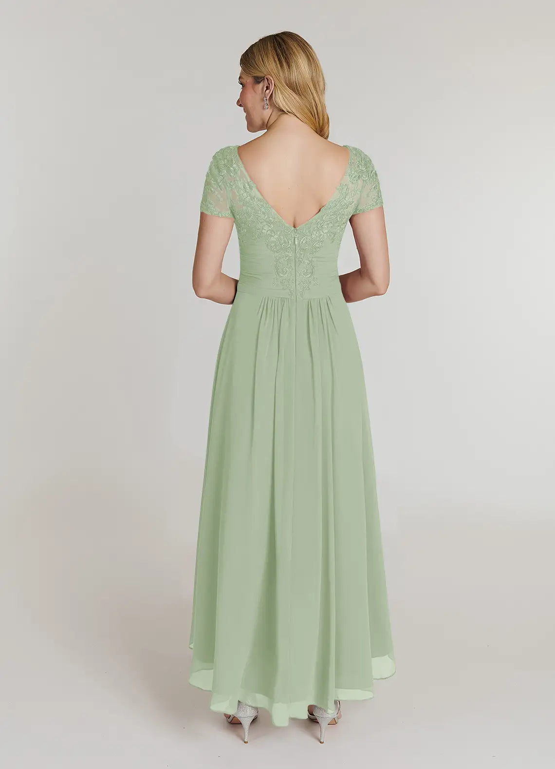V-Neck Cap-Sleeve Lace-Back Back Zip High-Low Mother of the Bride Dress for women