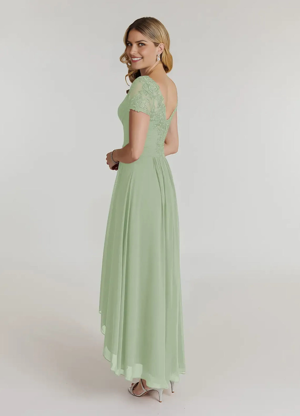 V-Neck Cap-Sleeve Lace-Back Back Zip High-Low Mother of the Bride Dress for women
