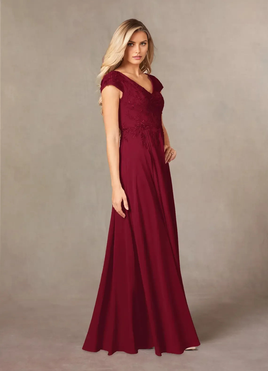V-Neck Cap-Sleeve Lace-Back Floor-Length Mother of the Bride Dress for bride