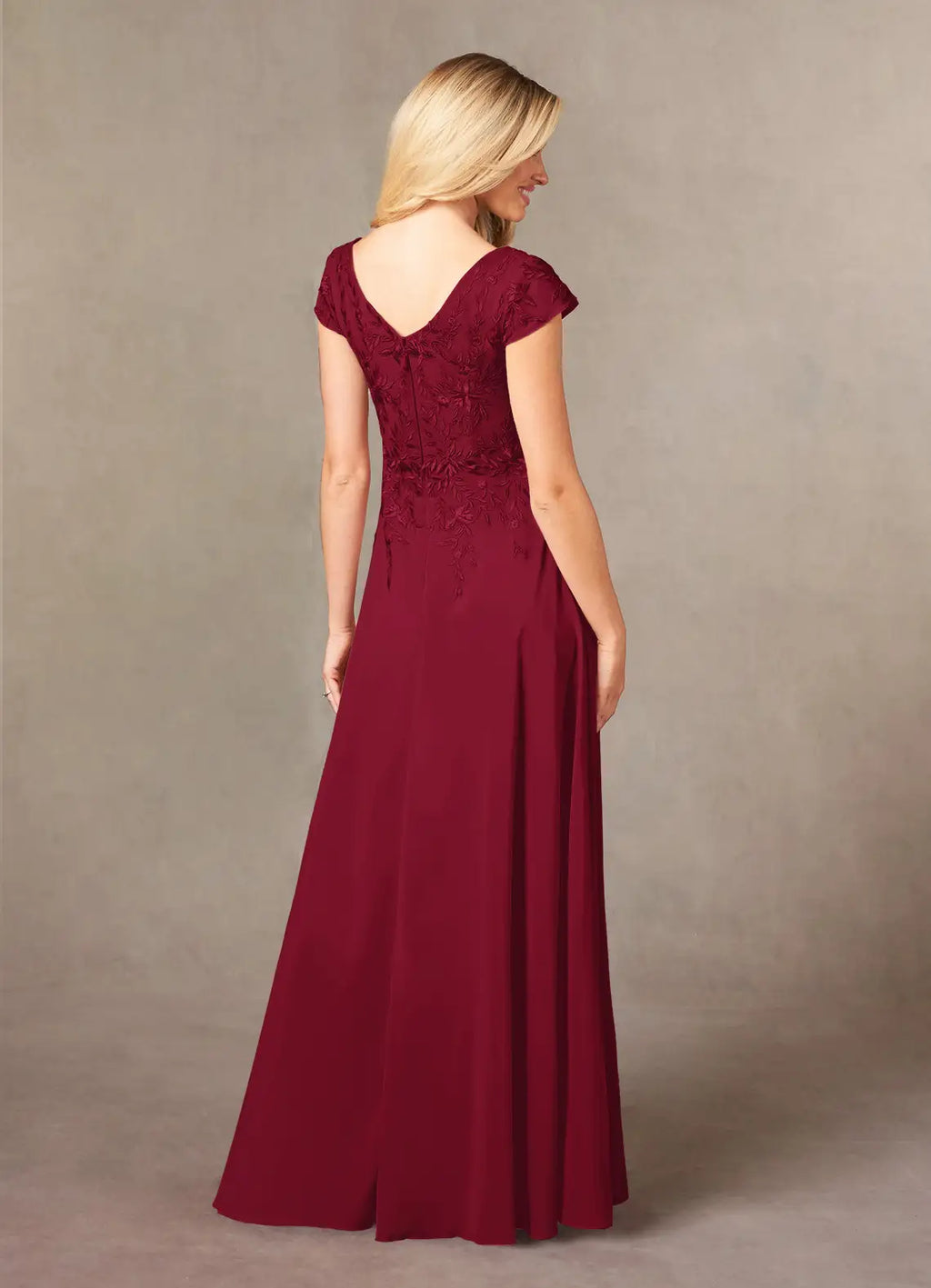 V-Neck Cap-Sleeve Lace-Back Floor-Length Mother of the Bride Dress for bride