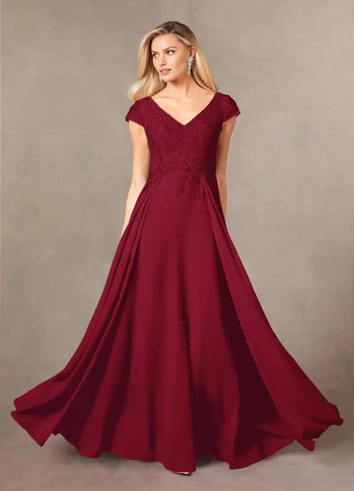 V-Neck Cap-Sleeve Lace-Back Floor-Length Mother of the Bride Dress for bride