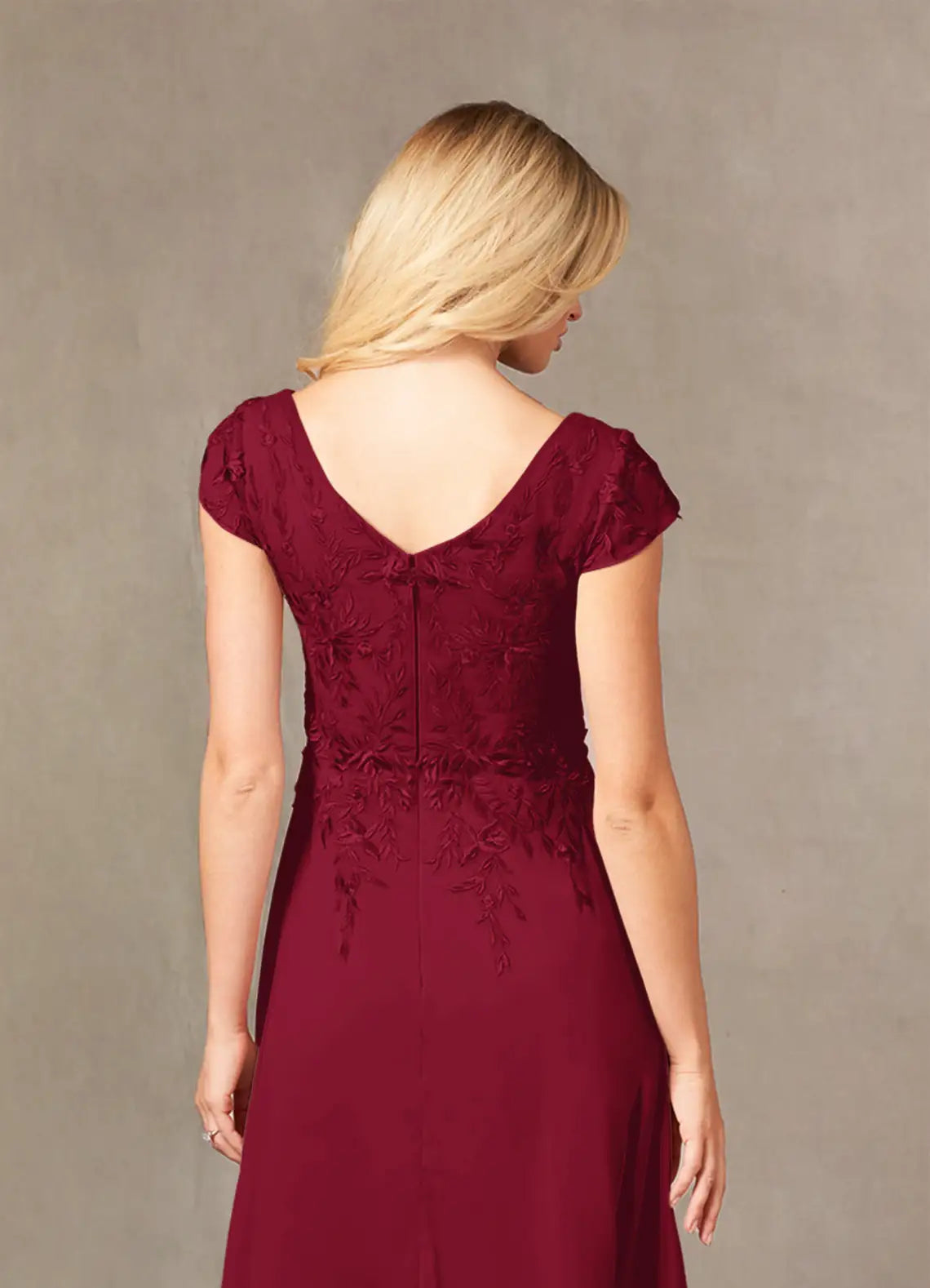 V-Neck Cap-Sleeve Lace-Back Floor-Length Mother of the Bride Dress for bride