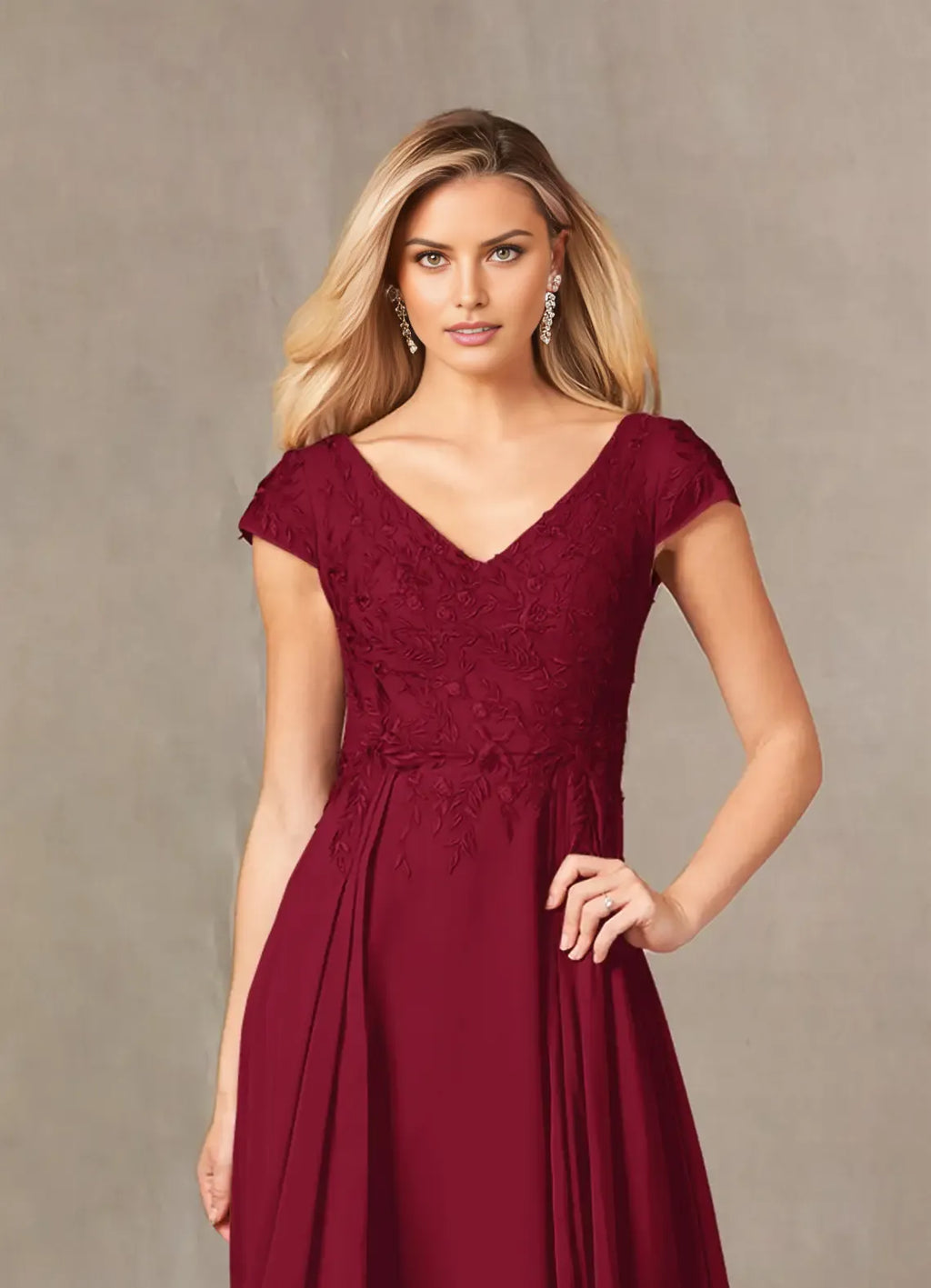V-Neck Cap-Sleeve Lace-Back Floor-Length Mother of the Bride Dress for bride