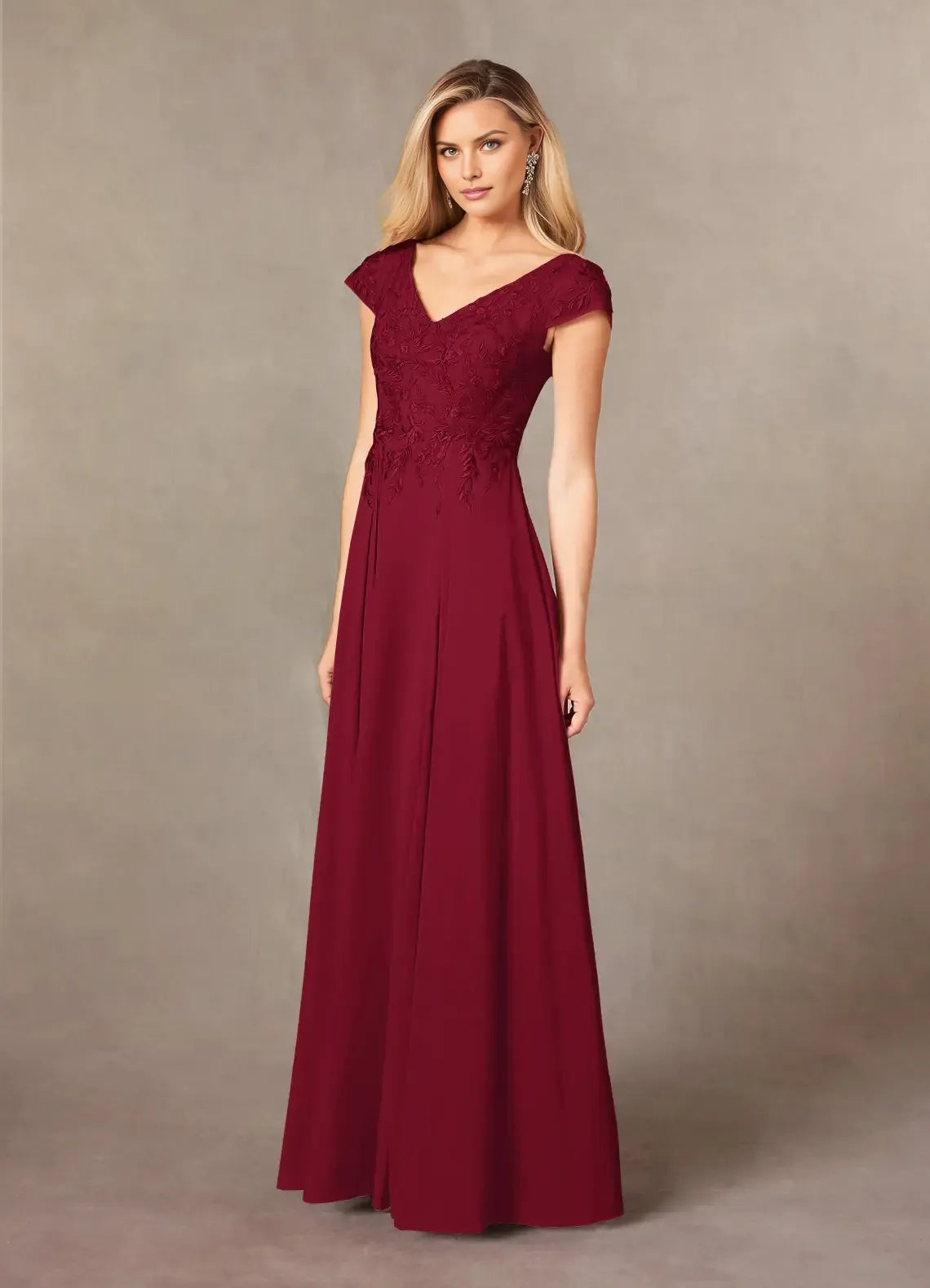 V-Neck Cap-Sleeve Lace-Back Floor-Length Mother of the Bride Dress for bride