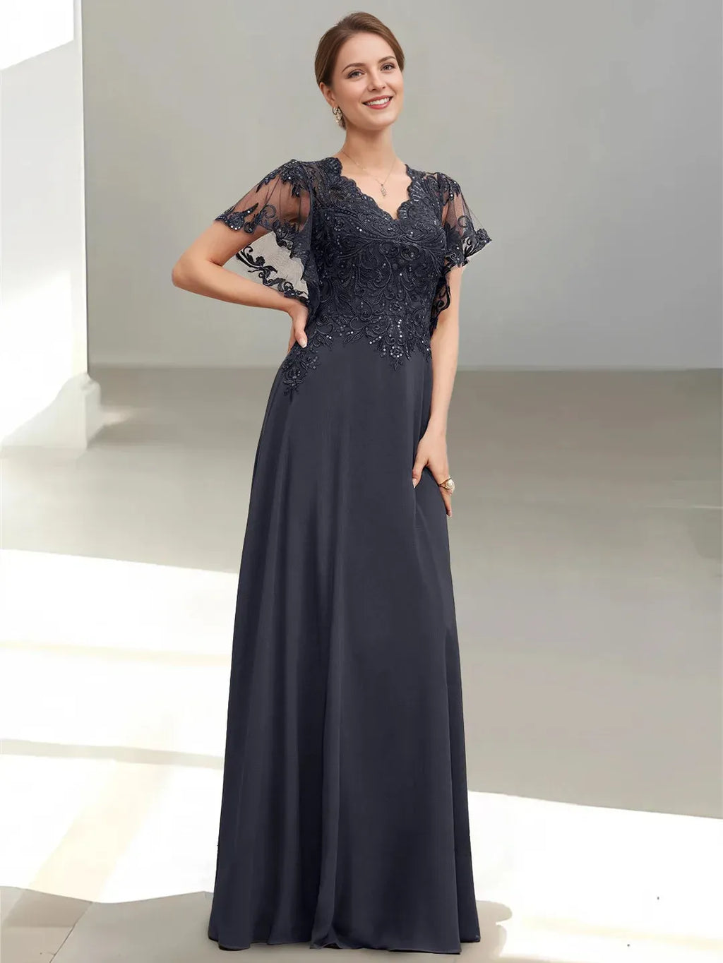 V-Neck Flutter-Sleeve Open-Back Back Zip Floor-Length Mother of the Bride Dresses with Sequins Appliques