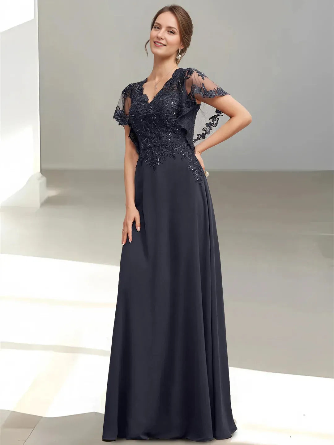 V-Neck Flutter-Sleeve Open-Back Back Zip Floor-Length Mother of the Bride Dresses with Sequins Appliques