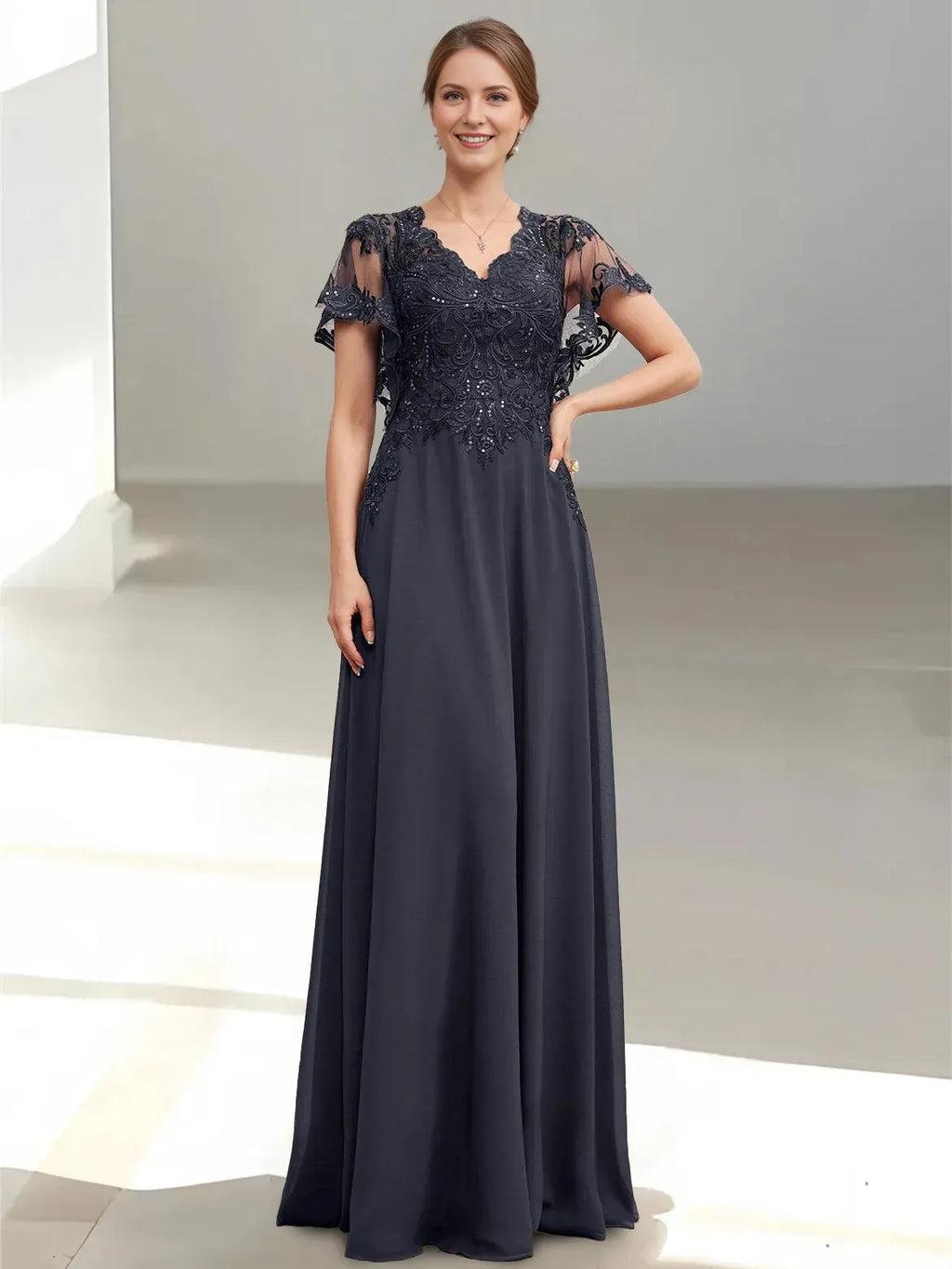V-Neck Flutter-Sleeve Open-Back Back Zip Floor-Length Mother of the Bride Dresses with Sequins Appliques