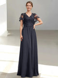 V-Neck Flutter-Sleeve Open-Back Back Zip Floor-Length Mother of the Bride Dresses with Sequins Appliques