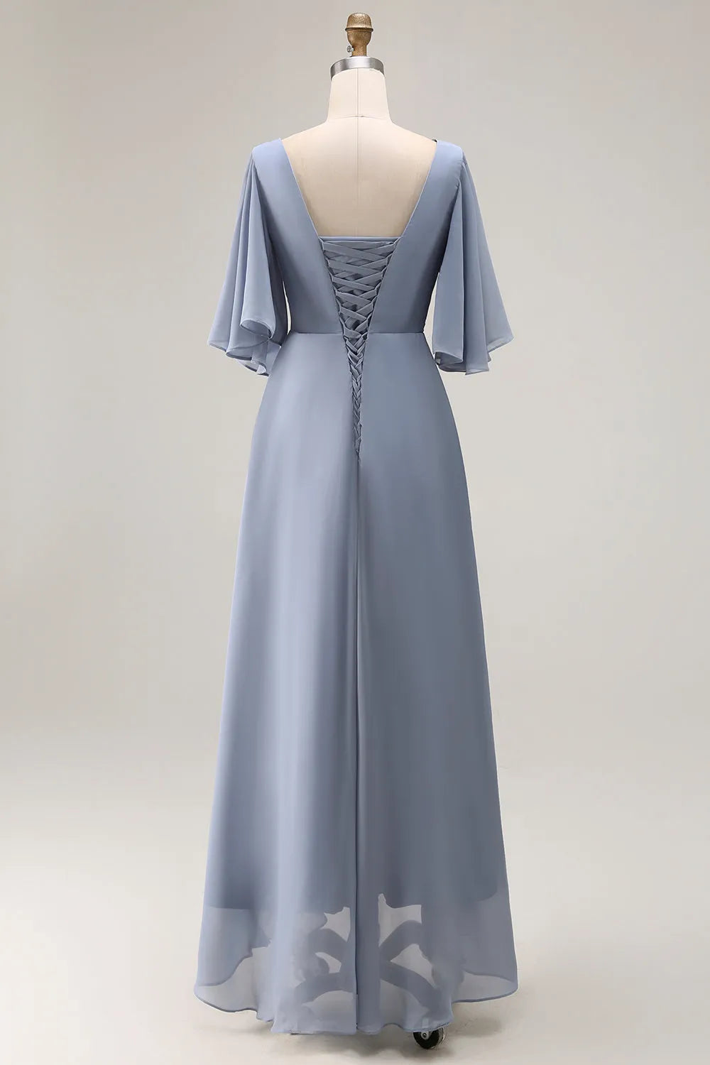 V-Neck Flutter Sleeve Lace-Up Back High-Low Mother of the Bride Dresses with Beading