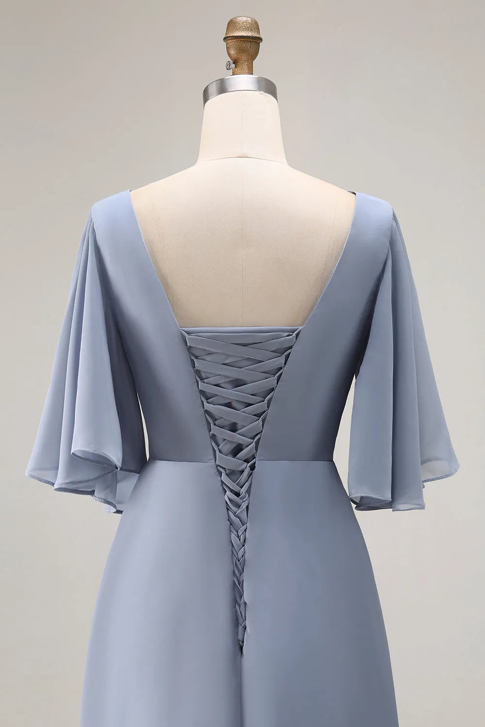 V-Neck Flutter Sleeve Lace-Up Back High-Low Mother of the Bride Dresses with Beading