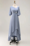 V-Neck Flutter Sleeve Lace-Up Back High-Low Mother of the Bride Dresses with Beading