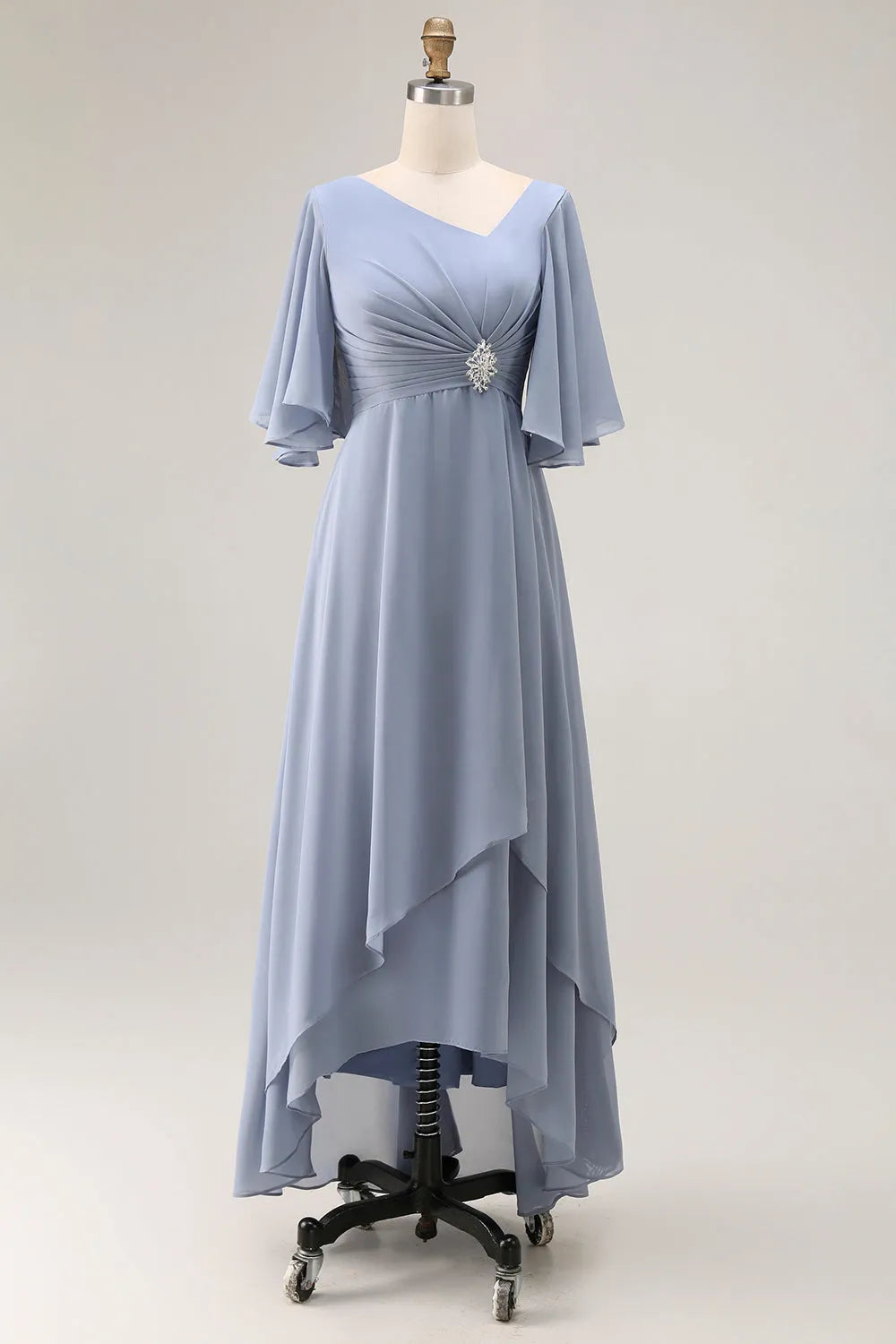 V-Neck Flutter Sleeve Lace-Up Back High-Low Mother of the Bride Dresses with Beading