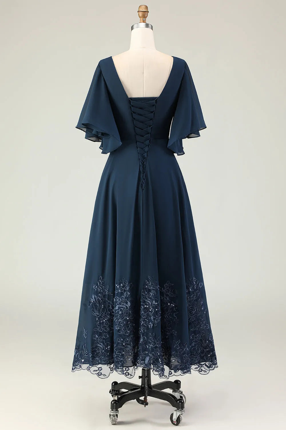 V-Neck Flutter Sleeve Lace-Up Back Tea-Length Mother of the Bride Dresses with Rhinestones