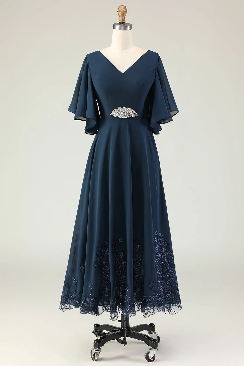 V-Neck Flutter Sleeve Lace-Up Back Tea-Length Mother of the Bride Dresses with Rhinestones