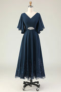 V-Neck Flutter Sleeve Lace-Up Back Tea-Length Mother of the Bride Dresses with Rhinestones