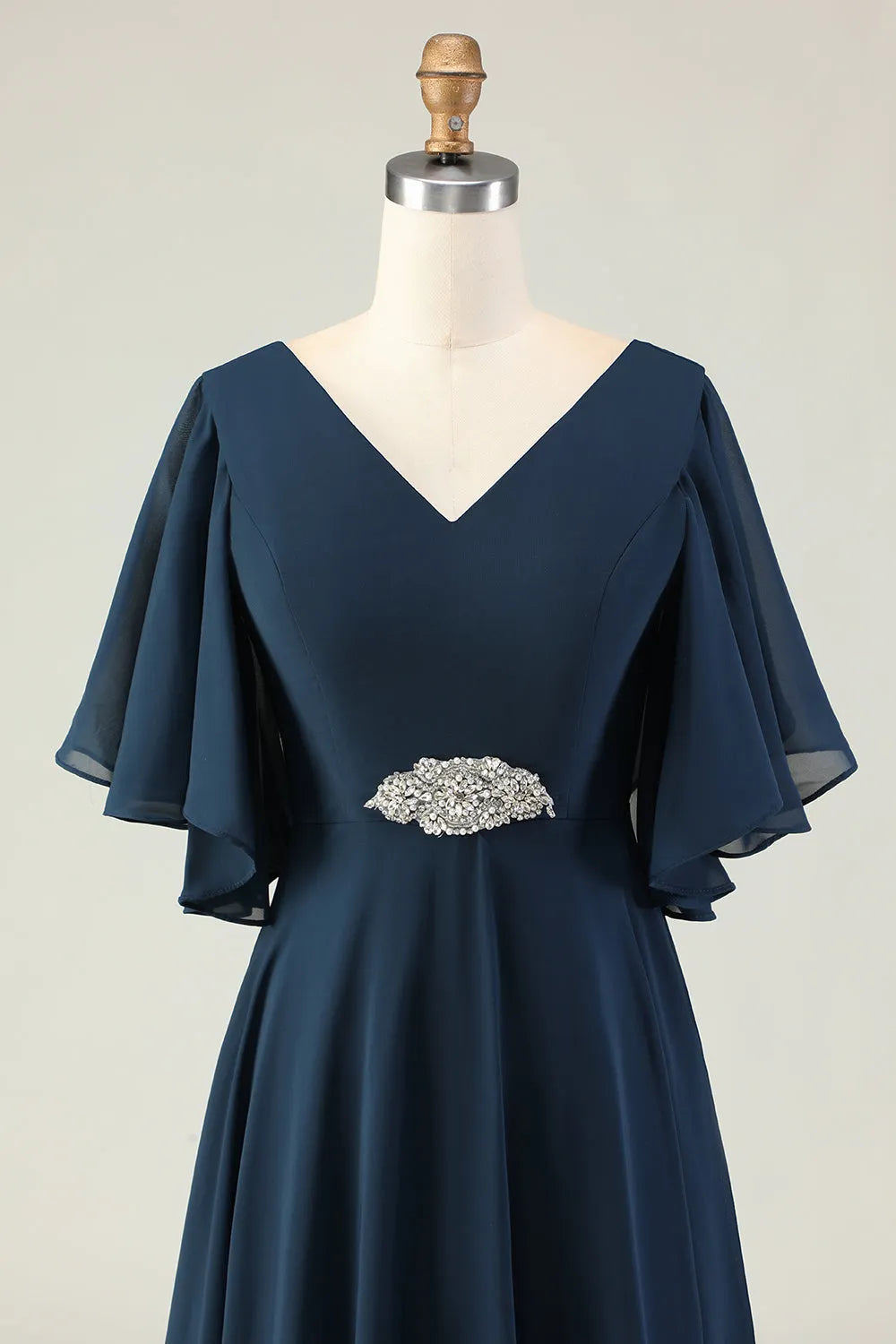 V-Neck Flutter Sleeve Lace-Up Back Tea-Length Mother of the Bride Dresses with Rhinestones