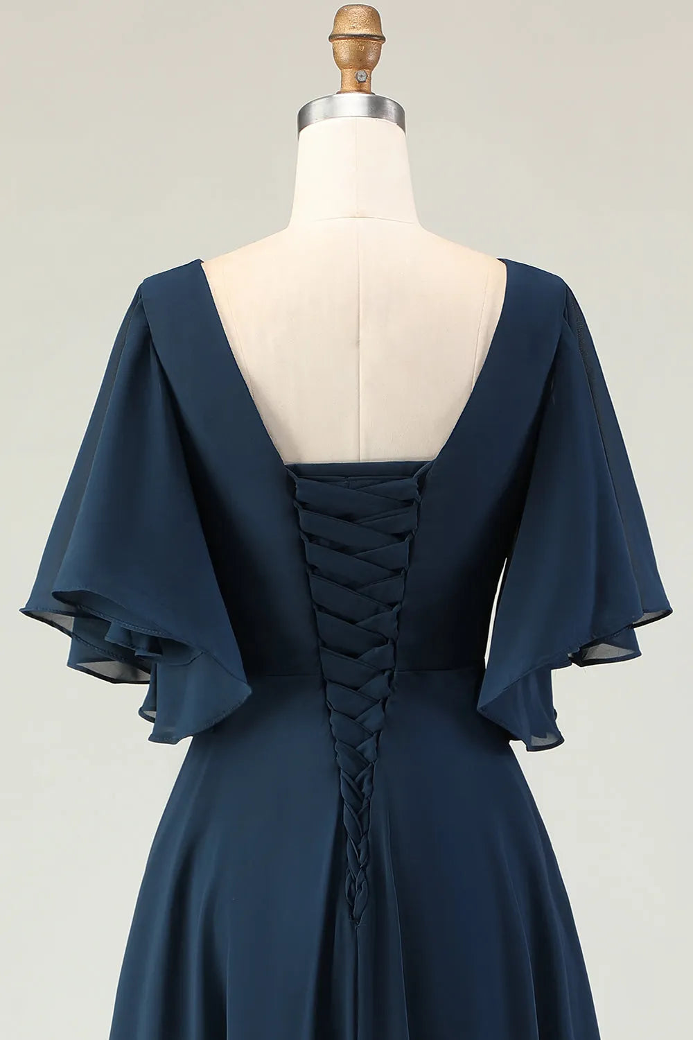 V-Neck Flutter Sleeve Lace-Up Back Tea-Length Mother of the Bride Dresses with Rhinestones