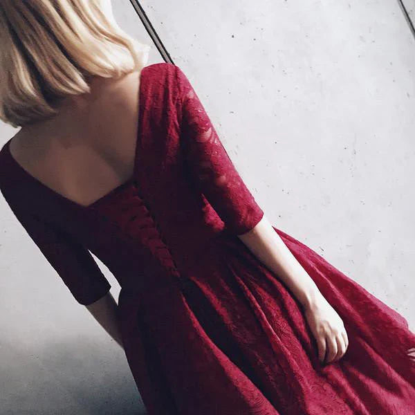 Burgundy V-Neck Tea-Length Homecoming Dress