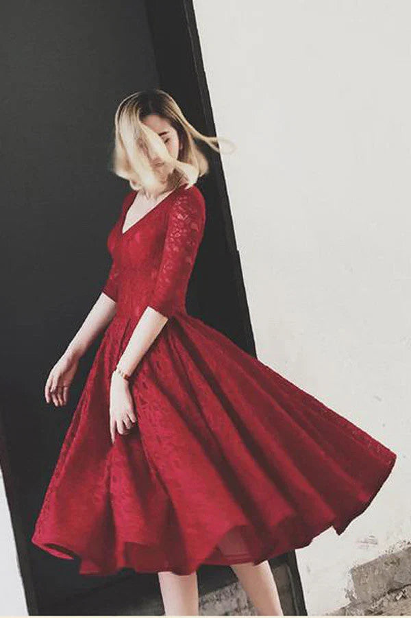 Burgundy V-Neck Tea-Length Homecoming Dress