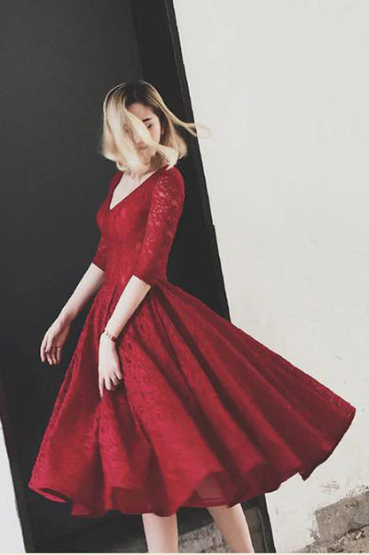 Elegant Burgundy Lace A-Line V-Neck Three-Quarter-Sleeve Classic-Back Tea-Length Homecoming Dress