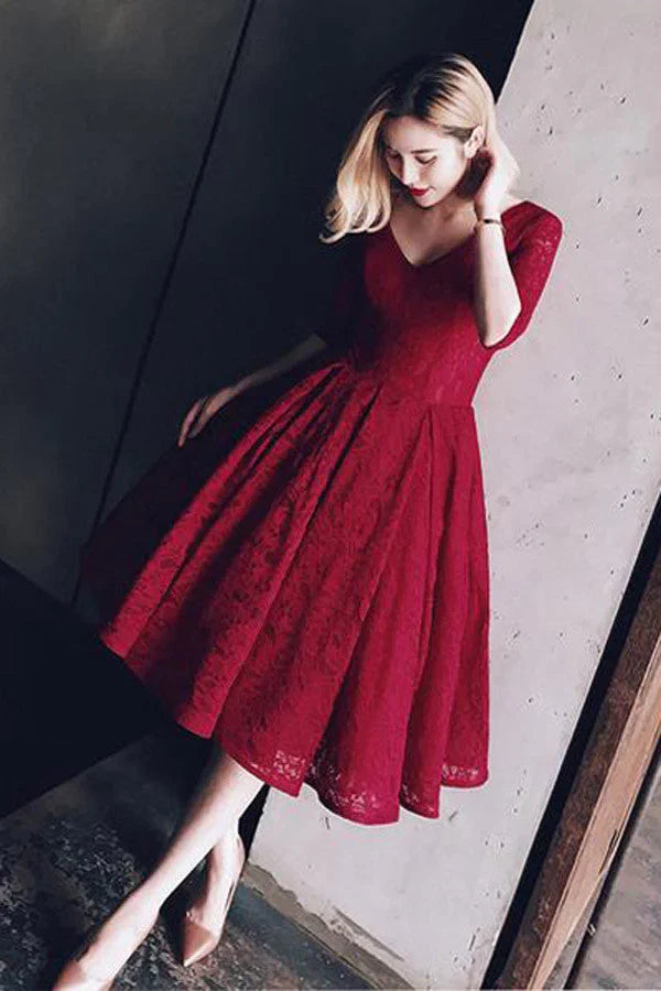 Burgundy V-Neck Tea-Length Homecoming Dress
