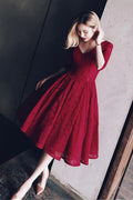 Burgundy V-Neck Tea-Length Homecoming Dress
