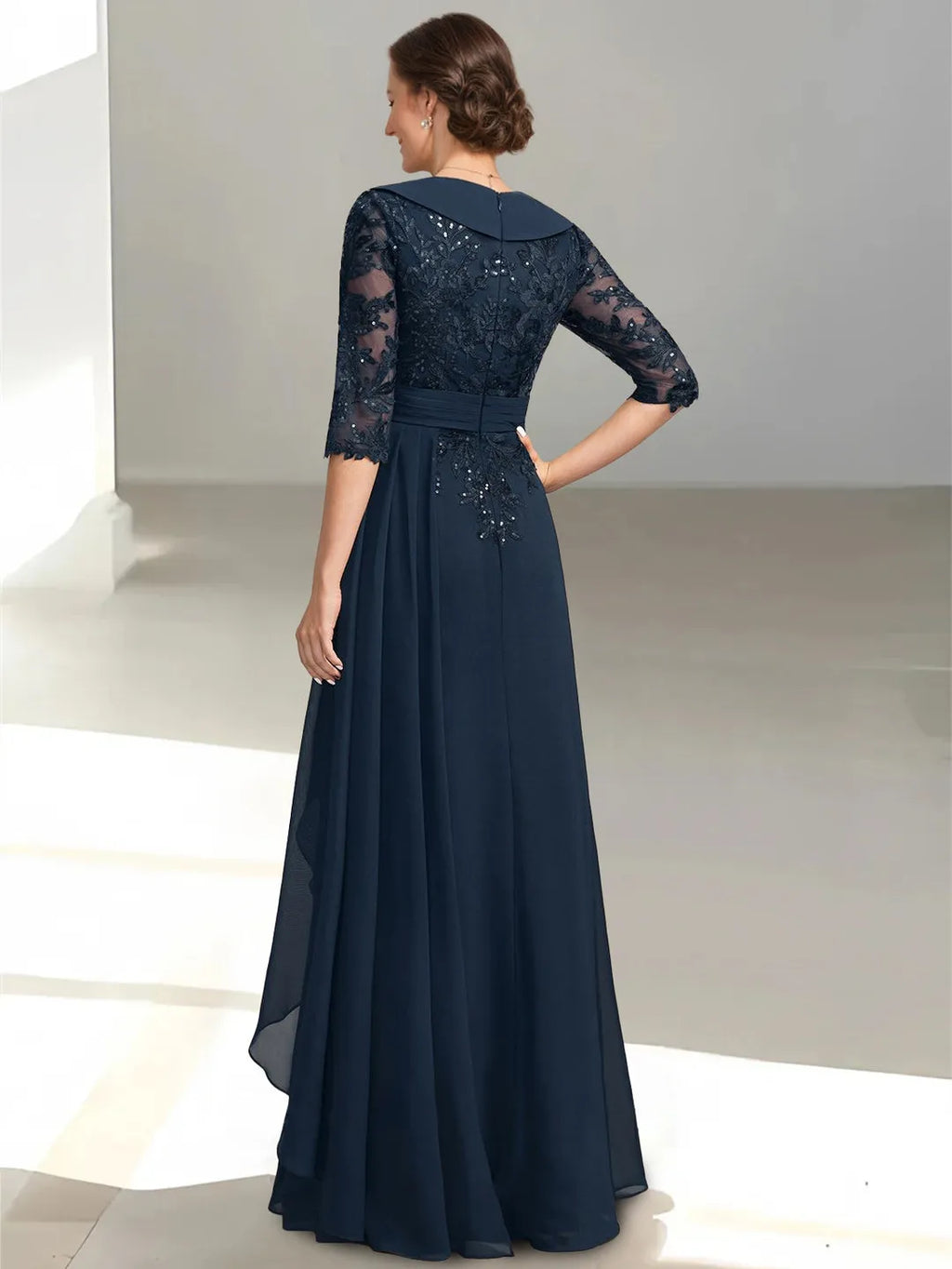 V-Neck Half-Sleeve Sequins Ruffles Zip-Back Floor-Length Mother of the Bride Dresses with Appliques