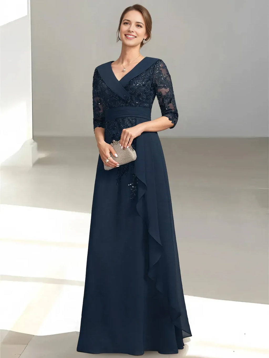 V-Neck Half-Sleeve Sequins Ruffles Zip-Back Floor-Length Mother of the Bride Dresses with Appliques