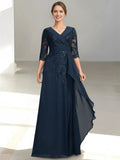 V-Neck Half-Sleeve Sequins Ruffles Zip-Back Floor-Length Mother of the Bride Dresses with Appliques