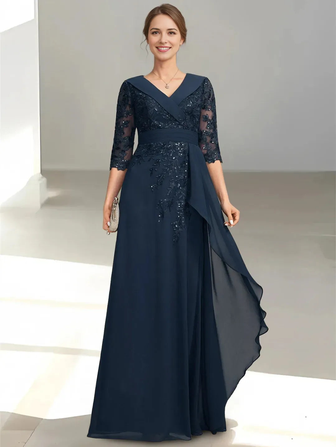 V-Neck Half-Sleeve Sequins Ruffles Zip-Back Floor-Length Mother of the Bride Dresses with Appliques