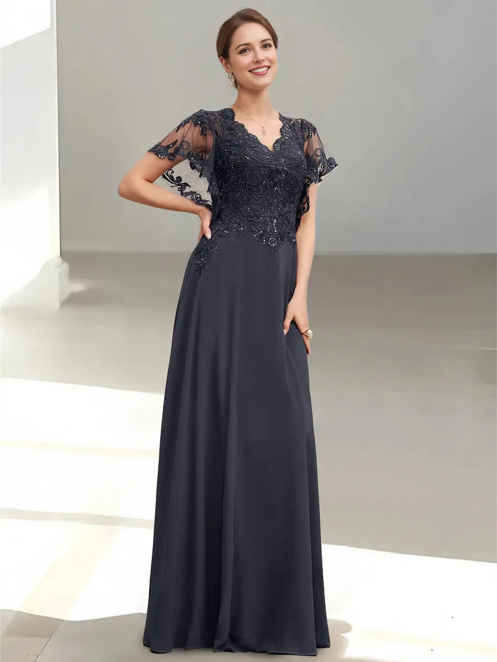 V-Neck Short Sleeves Zip-Back Floor-Length Mother of the Bride Dresses with Appliques Sequins