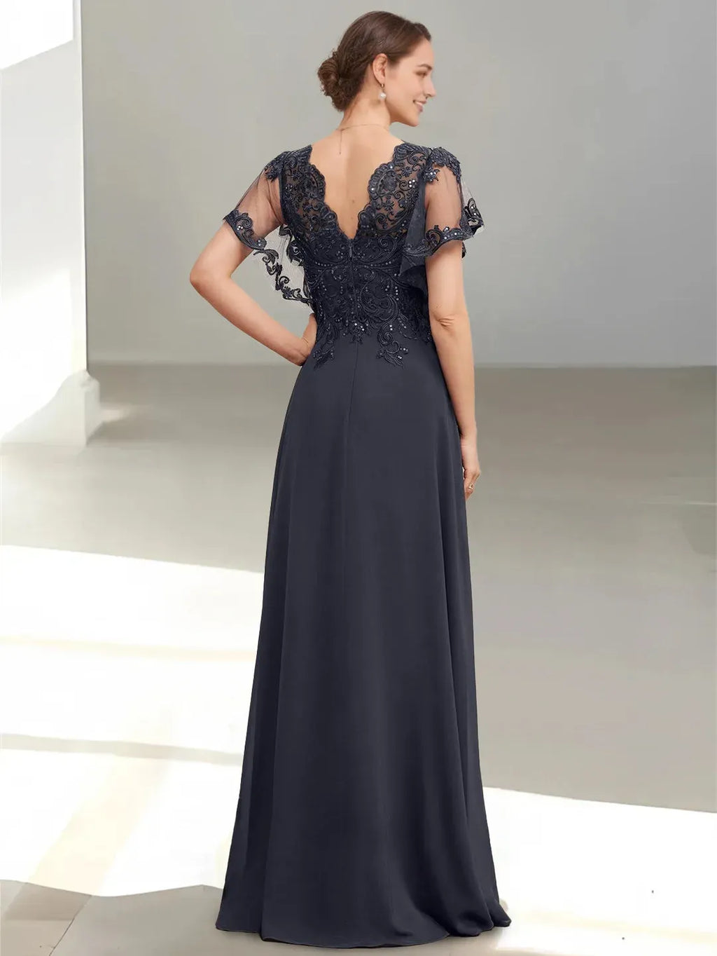 V-Neck Short Sleeves Zip-Back Floor-Length Mother of the Bride Dresses with Appliques Sequins