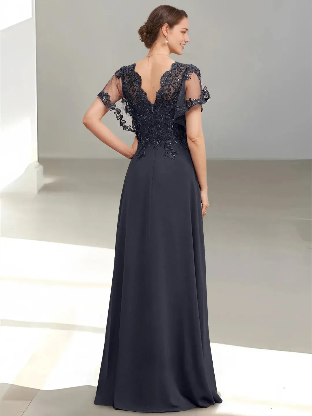 V-Neck Short Sleeves Zip-Back Floor-Length Mother of the Bride Dresses with Appliques Sequins