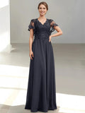 V-Neck Short Sleeves Zip-Back Floor-Length Mother of the Bride Dresses with Appliques Sequins