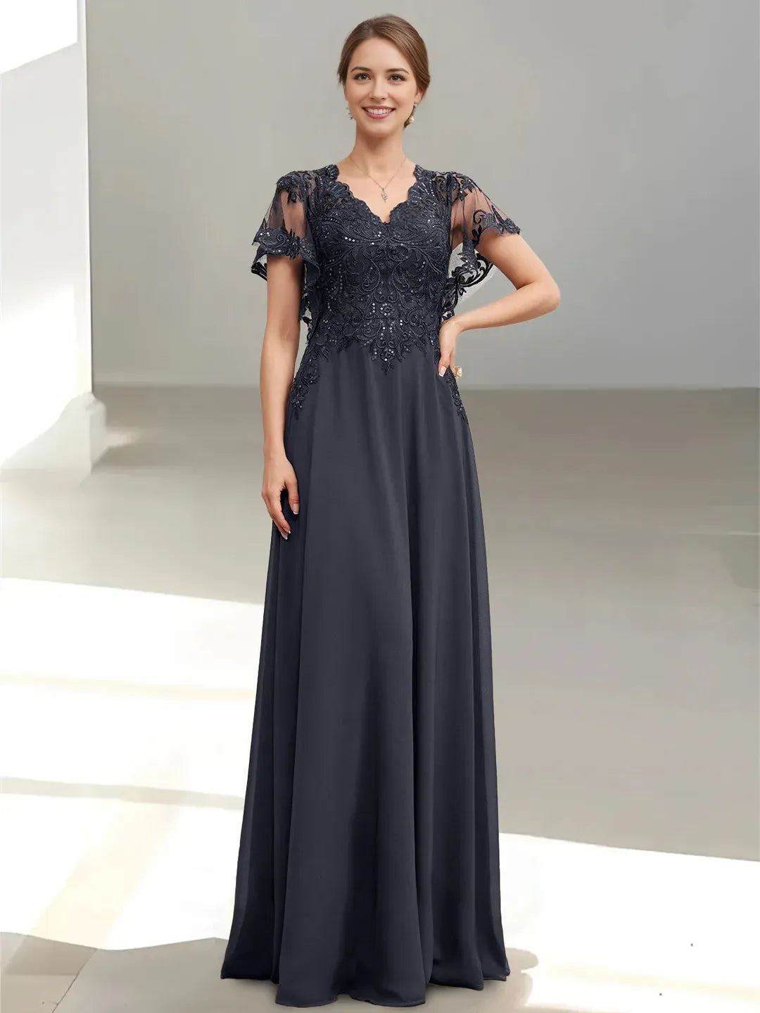 V-Neck Short Sleeves Zip-Back Floor-Length Mother of the Bride Dresses with Appliques Sequins