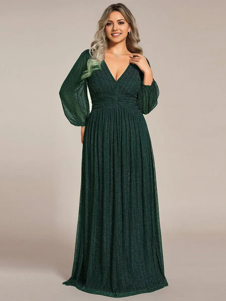 V-Neck Long Sleeve Side Zip Glitter Floor-Length Plus Size Prom Dresses
