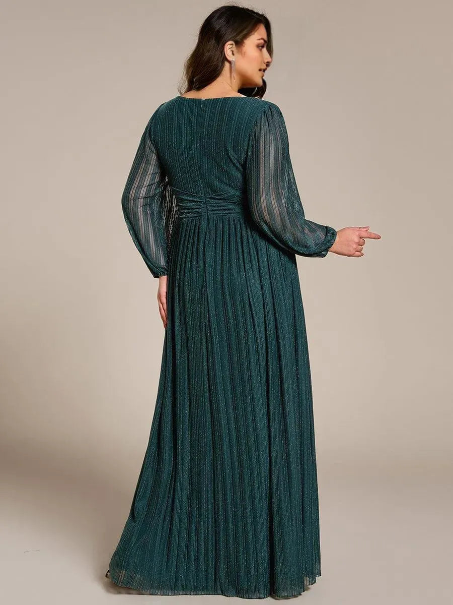 V-Neck Long Sleeve Side Zip Glitter Floor-Length Plus Size Prom Dresses