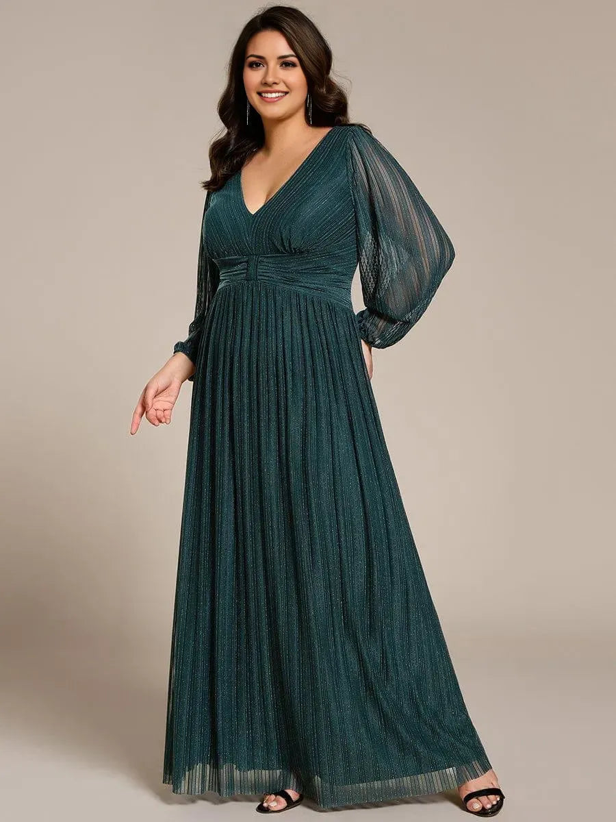 V-Neck Long Sleeve Side Zip Glitter Floor-Length Plus Size Prom Dresses