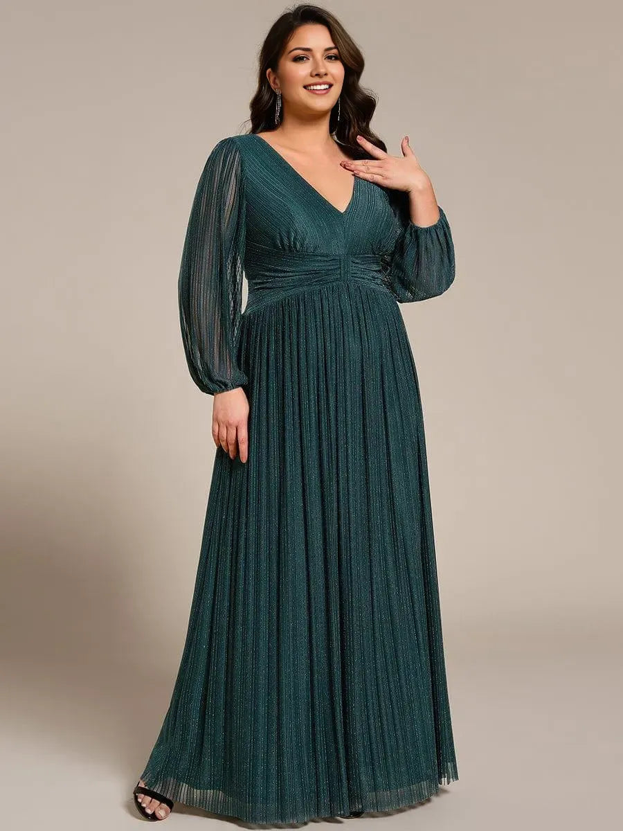 V-Neck Long Sleeve Side Zip Glitter Floor-Length Plus Size Prom Dresses