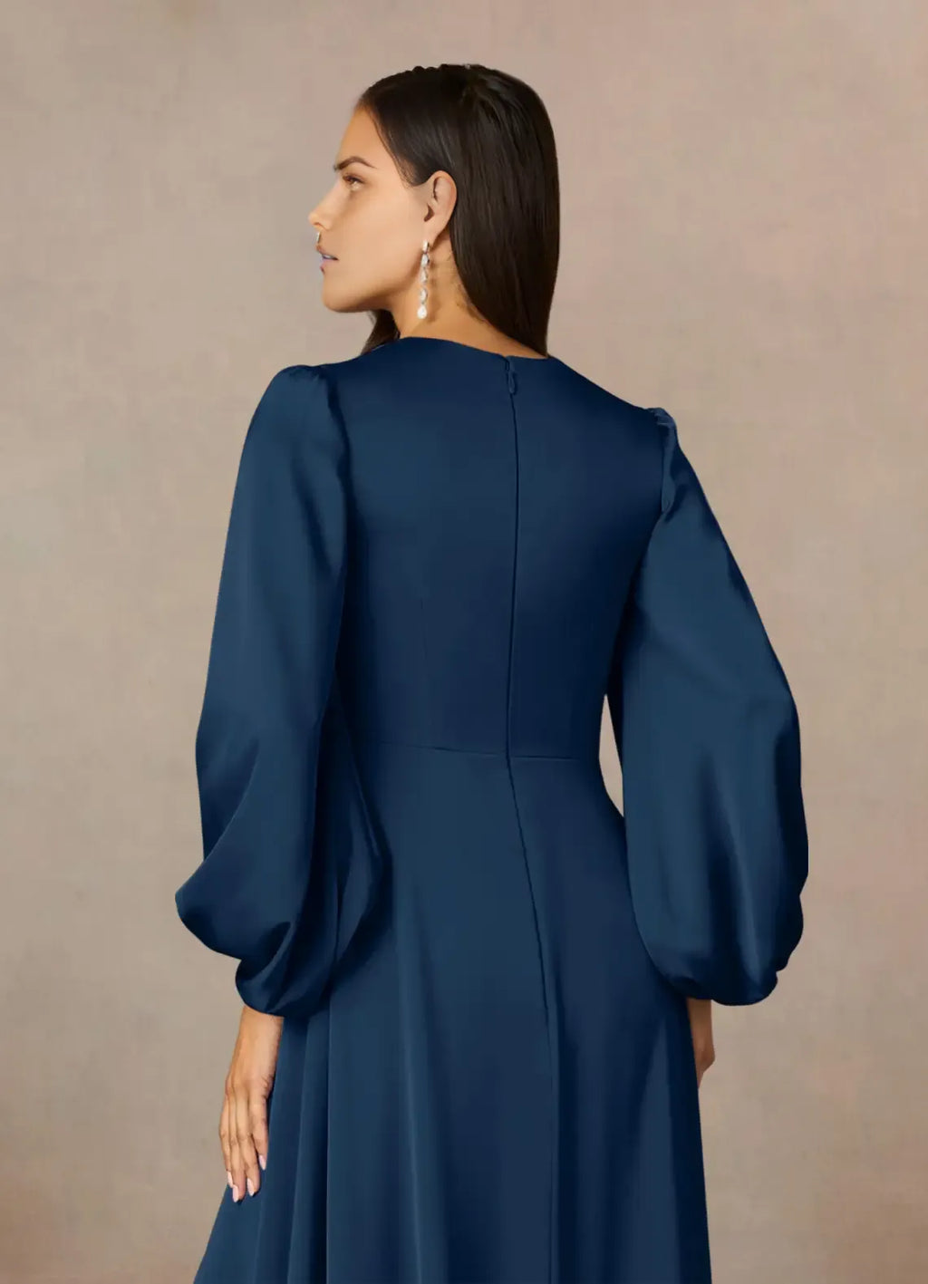 V-Neck Long Sleeves Back Zip Floor-Length Side Leg Slit Formal Mother of the Bride Dress
