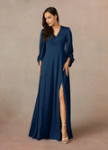 V-Neck Long Sleeves Back Zip Floor-Length Side Leg Slit Formal Mother of the Bride Dress