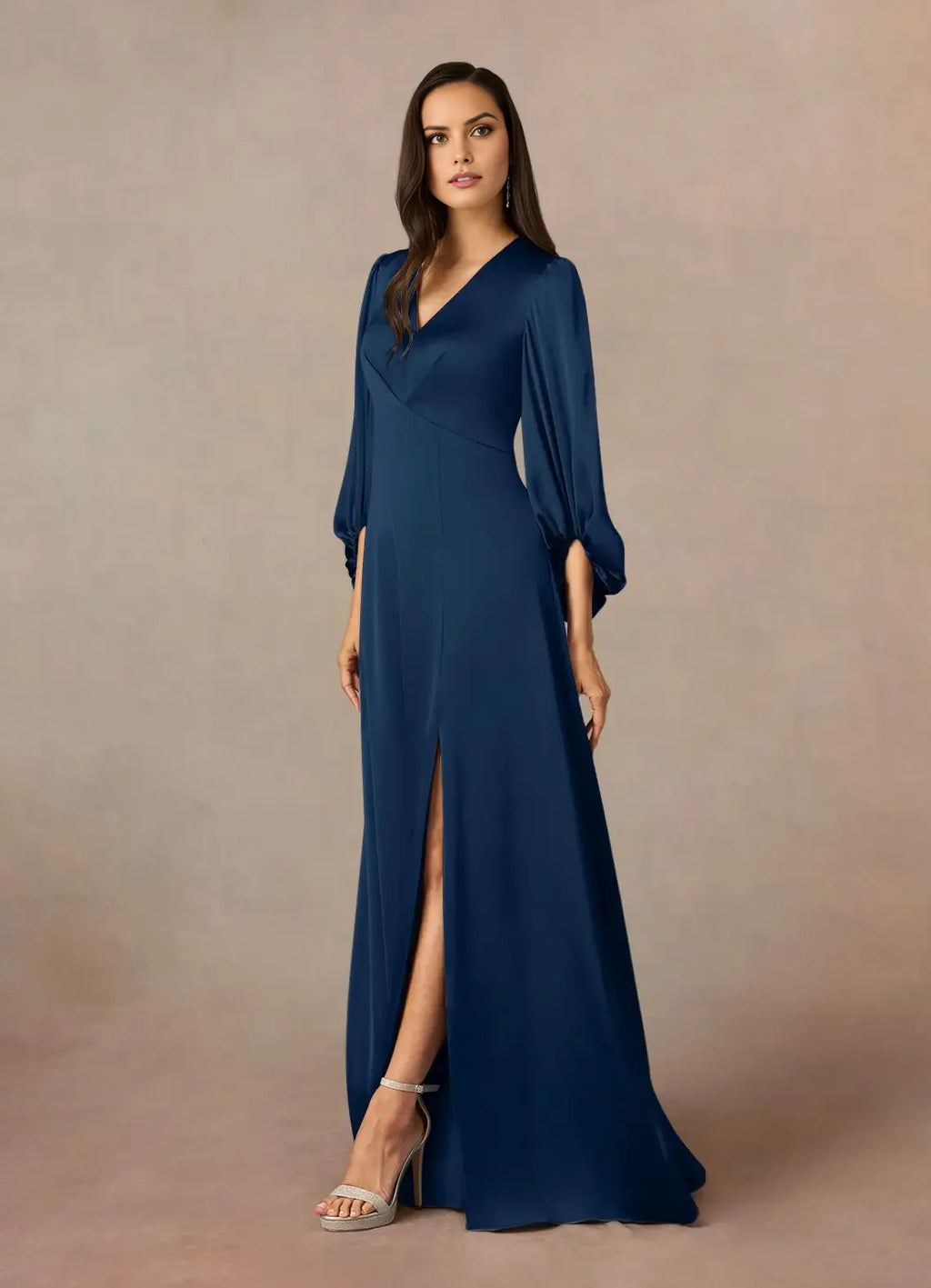 V-Neck Long Sleeves Back Zip Floor-Length Side Leg Slit Formal Mother of the Bride Dress