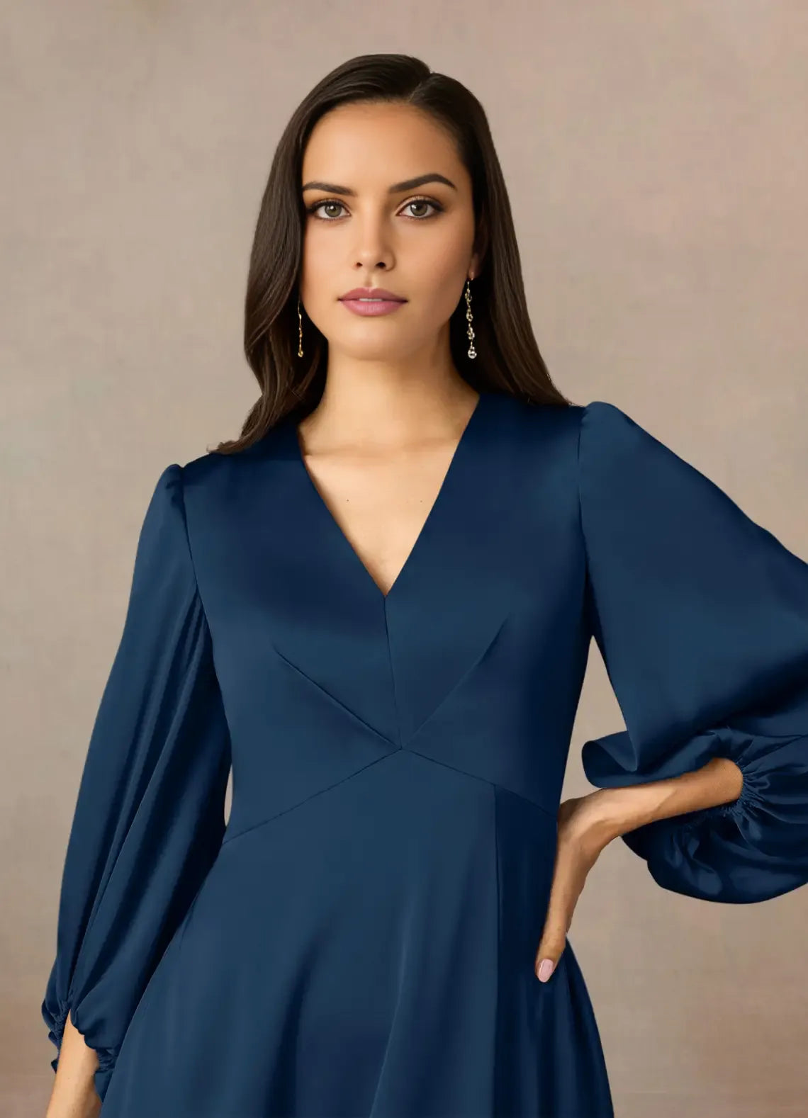 V-Neck Long Sleeves Back Zip Floor-Length Side Leg Slit Formal Mother of the Bride Dress