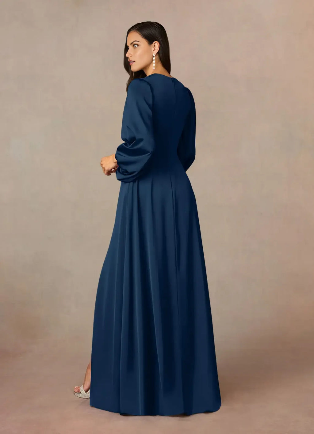 V-Neck Long Sleeves Back Zip Floor-Length Side Leg Slit Formal Mother of the Bride Dress