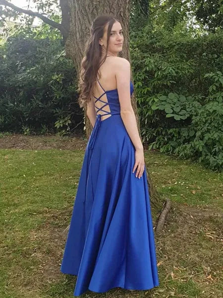 Blue V-Neck Ruched Lace-Up Royal Long Prom Dress