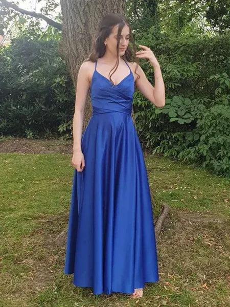 Blue V-Neck Ruched Lace-Up Royal Long Prom Dress
