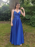 Blue V-Neck Ruched Lace-Up Royal Long Prom Dress